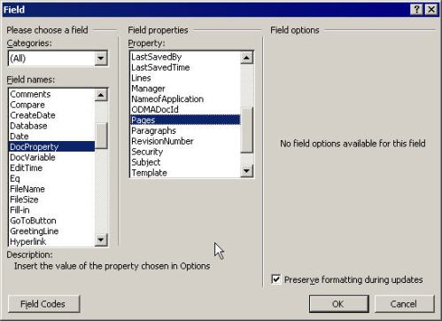 Word pages property field