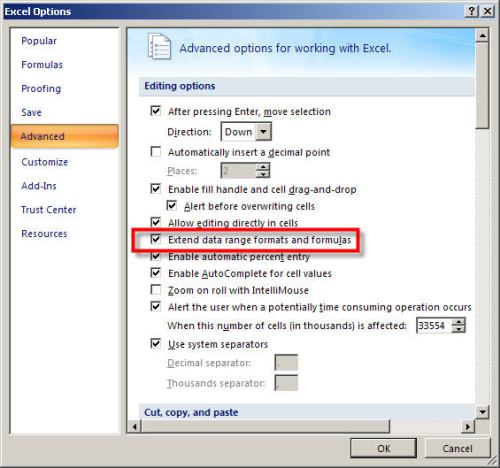 Extend list formats and formulas option - 2007